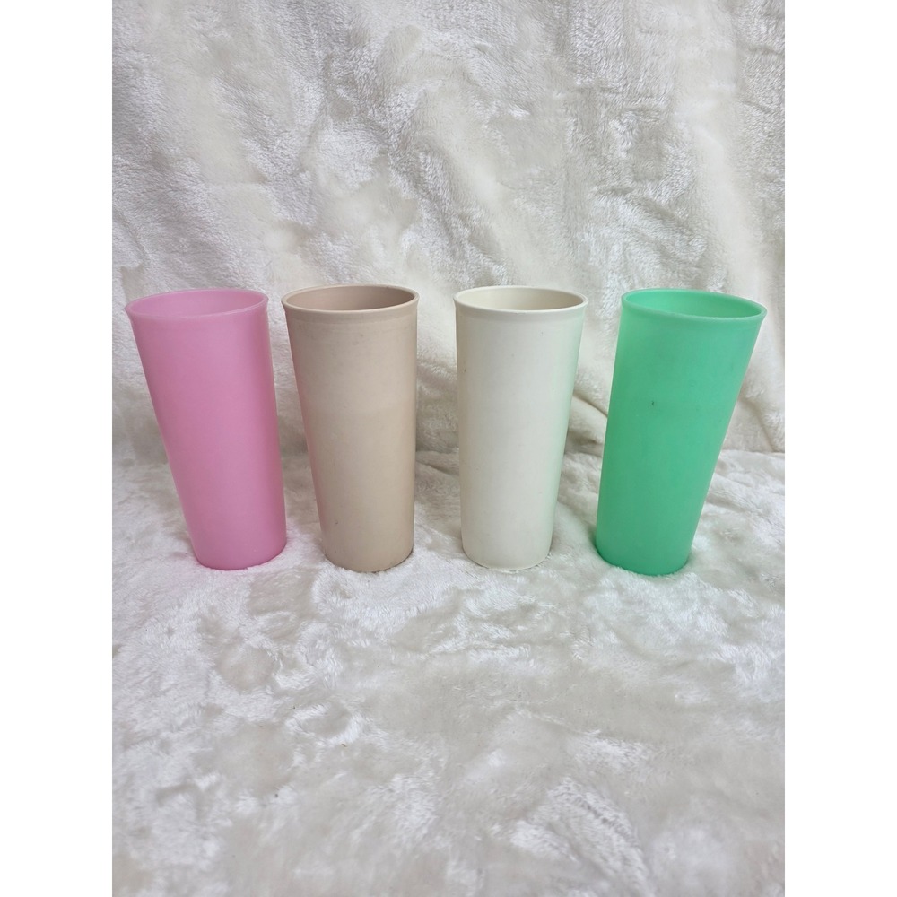 Tupperware Tumblers Set of 4 Pastel Pink Tan Cream Green Vintage Plastic Cups